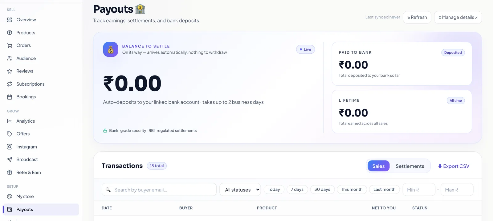 The Creatly payouts screen showing balance to settle, total paid to bank and a transaction list