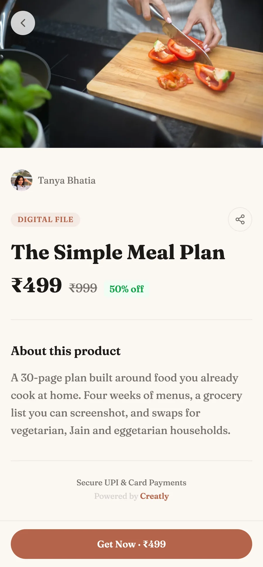 A Creatly product page on a phone showing the price and a pay button