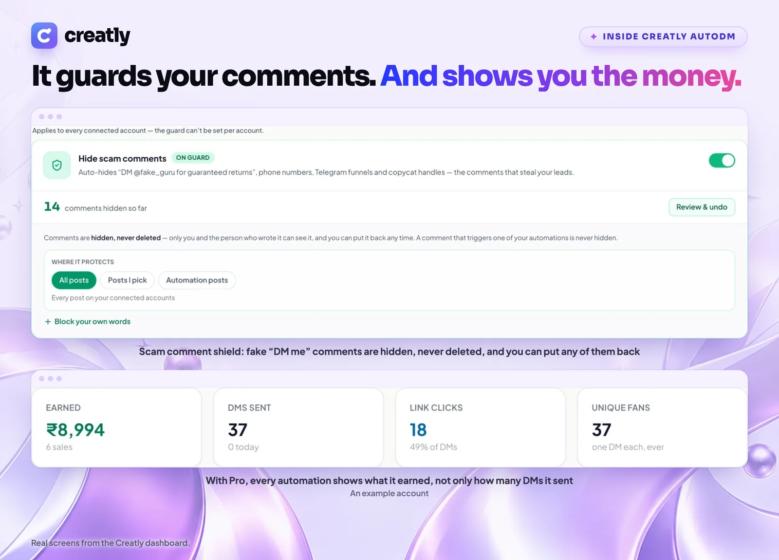 The Creatly scam comment shield and the revenue view for one automation