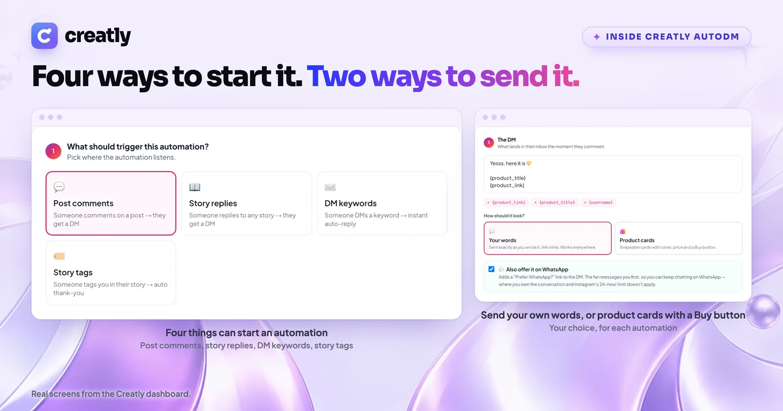 The Creatly AutoDM builder showing four automation triggers and the choice between your own words and product cards
