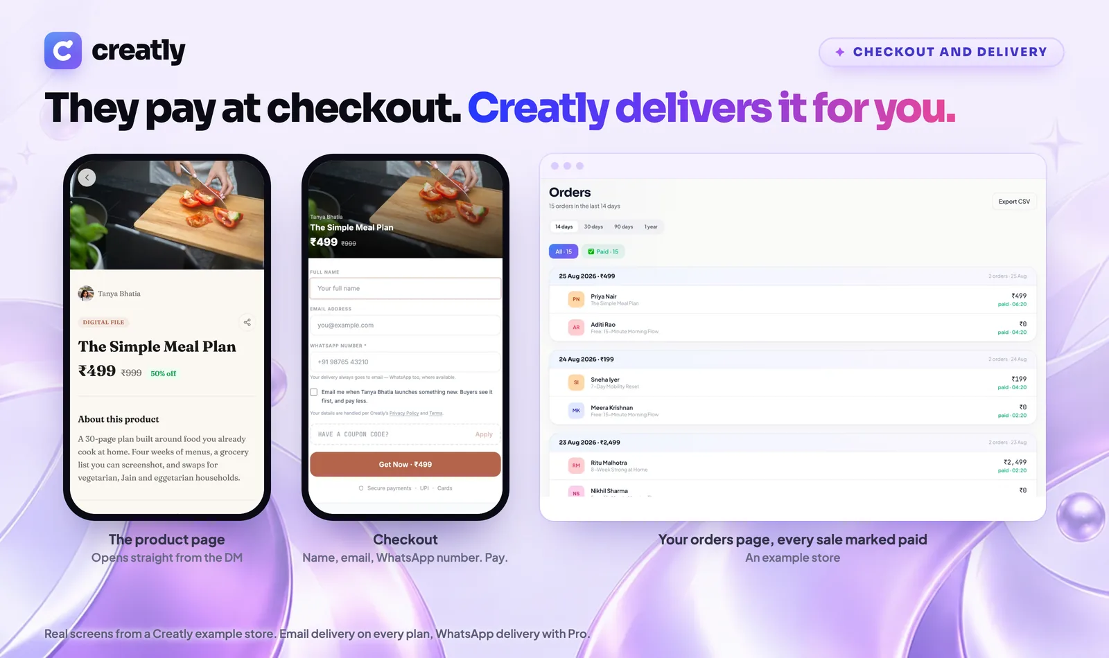 A Creatly product page, the checkout form and the orders page