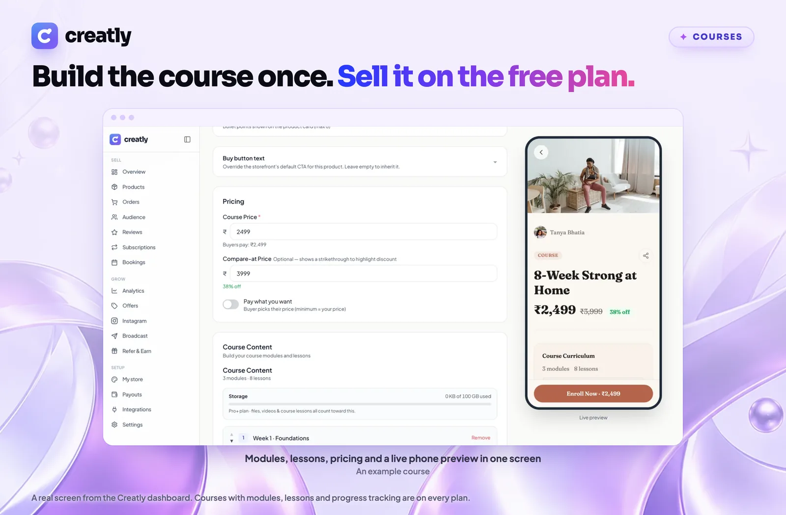 The Creatly course builder with modules, pricing and a live phone preview