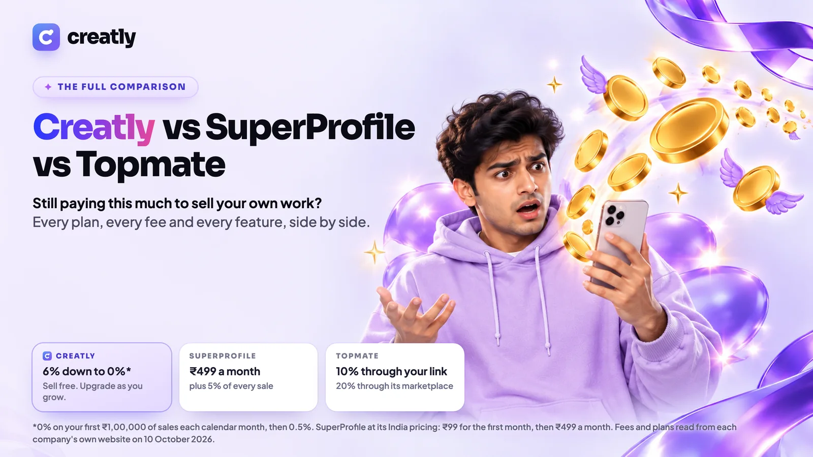 A creator watching gold coins fly away from his phone, beside the words Creatly vs SuperProfile vs Topmate
