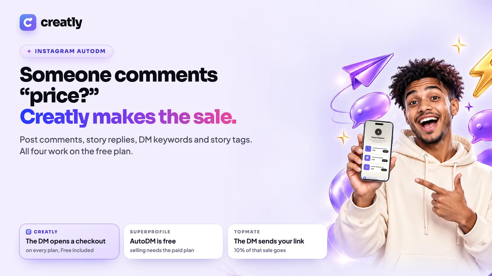 Instagram AutoDM on Creatly: someone comments and Creatly makes the sale