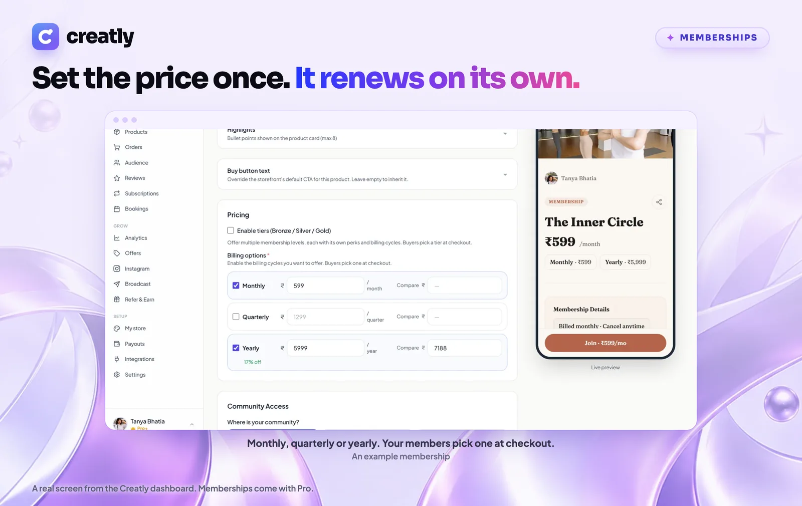 Setting up a membership on Creatly with monthly, quarterly and yearly prices