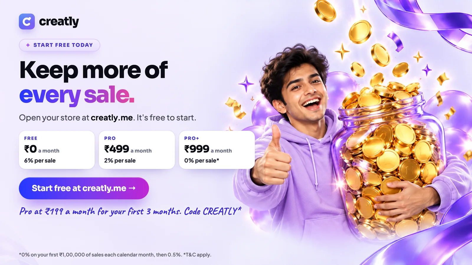 A creator smiling with a jar full of gold coins, beside Creatly's three plans