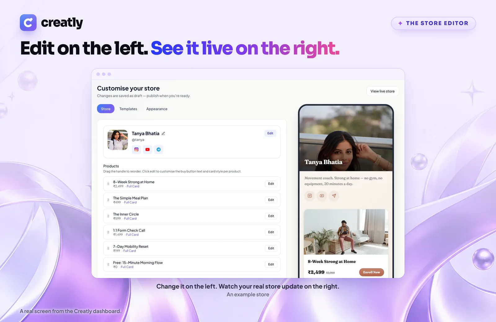 The Creatly store editor with a live preview of the store on a phone