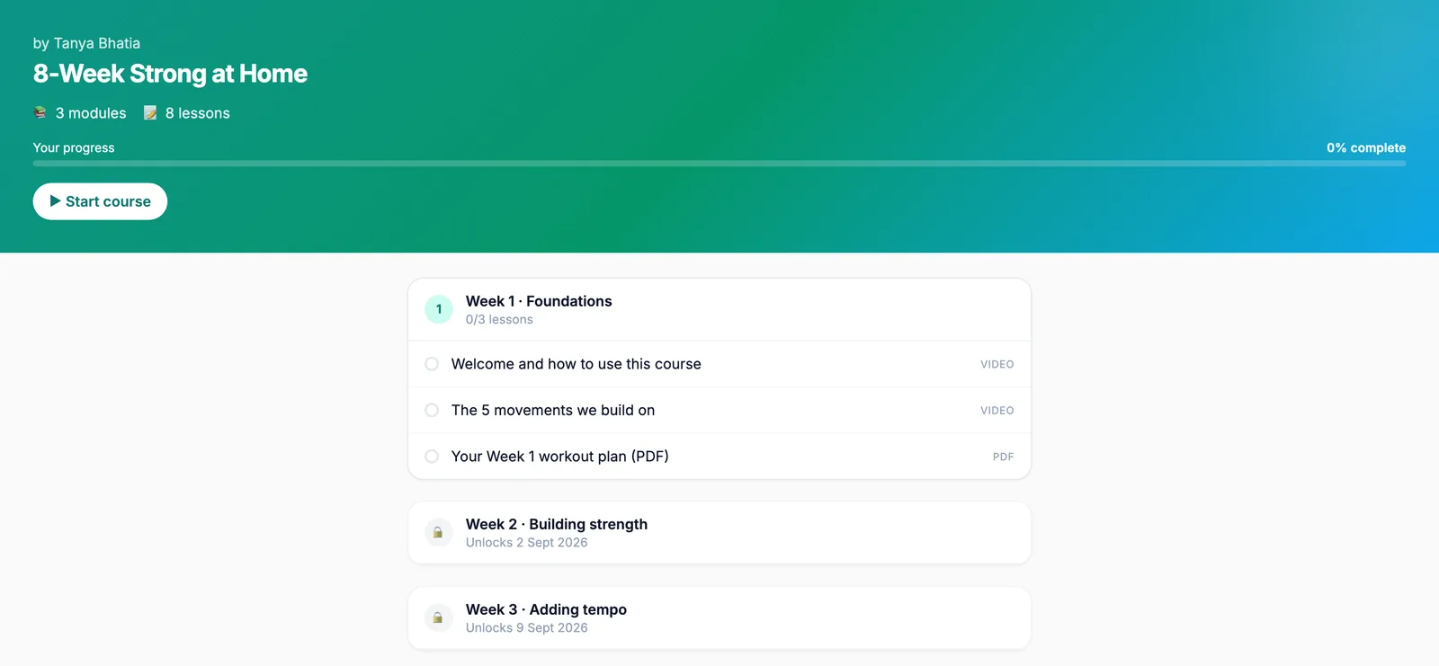 The Creatly course player showing progress, week one lessons and later weeks locked with unlock dates
