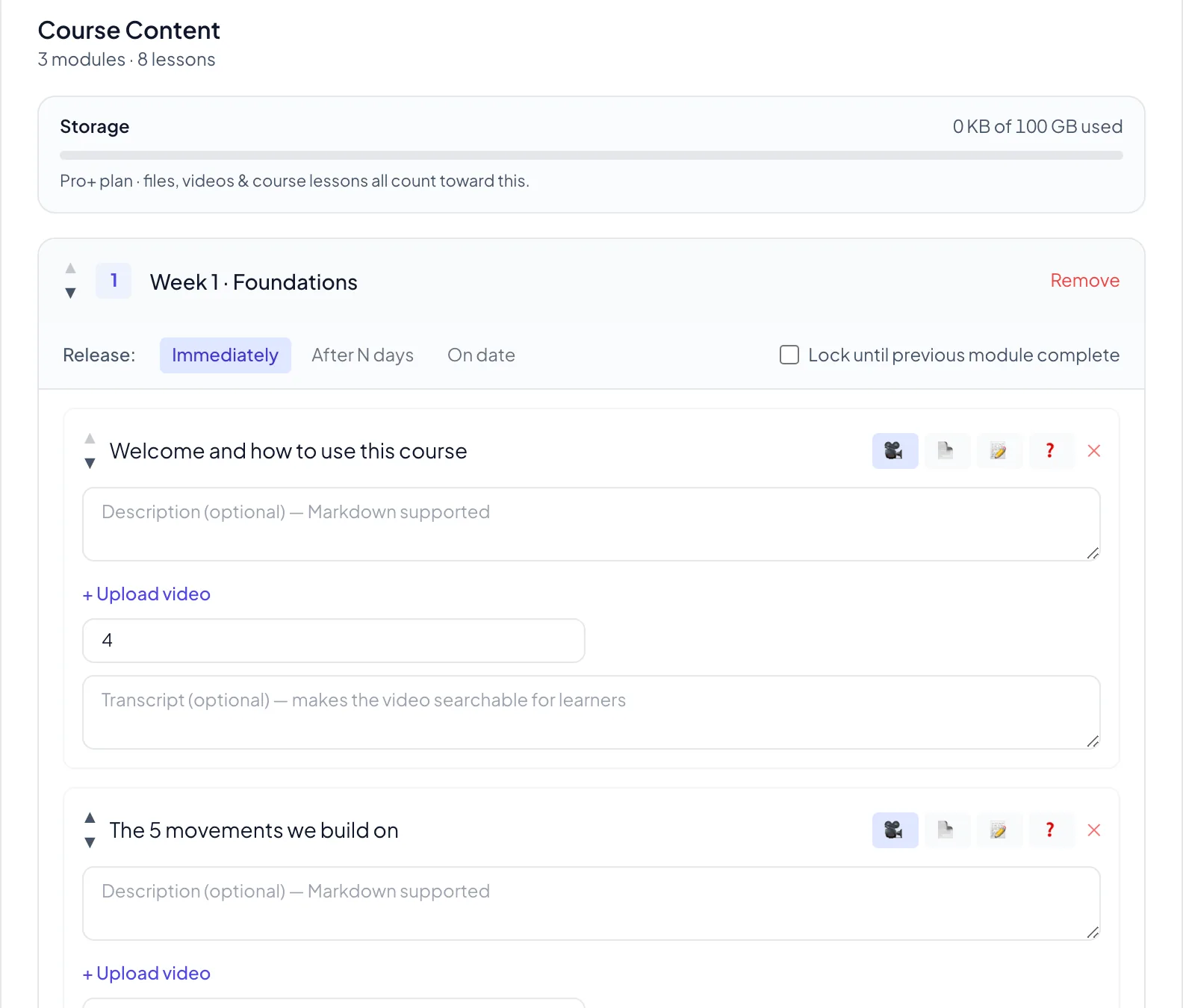 The Creatly course builder showing a module with Immediately, After N days and On date release options