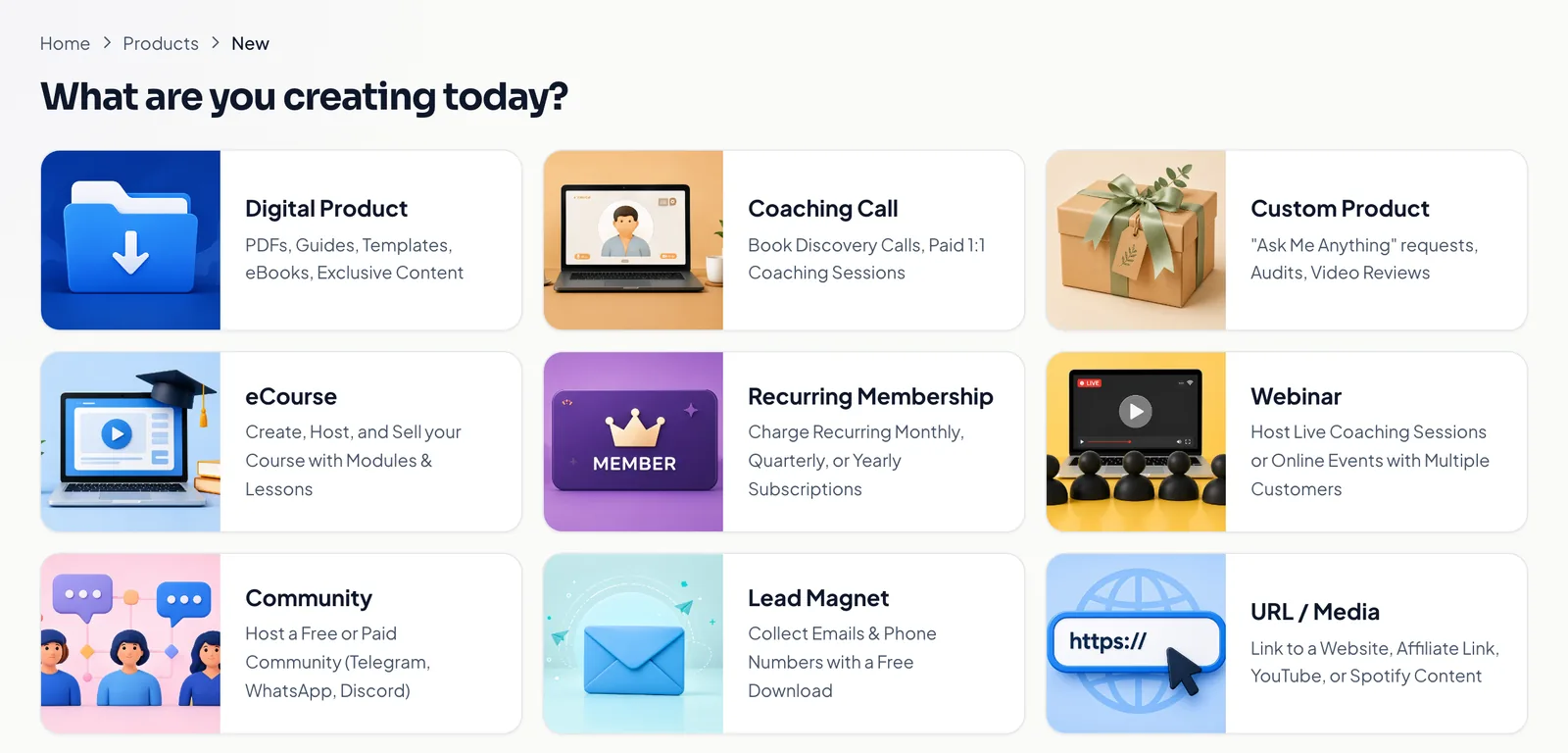 The Creatly product type picker with eCourse among the options