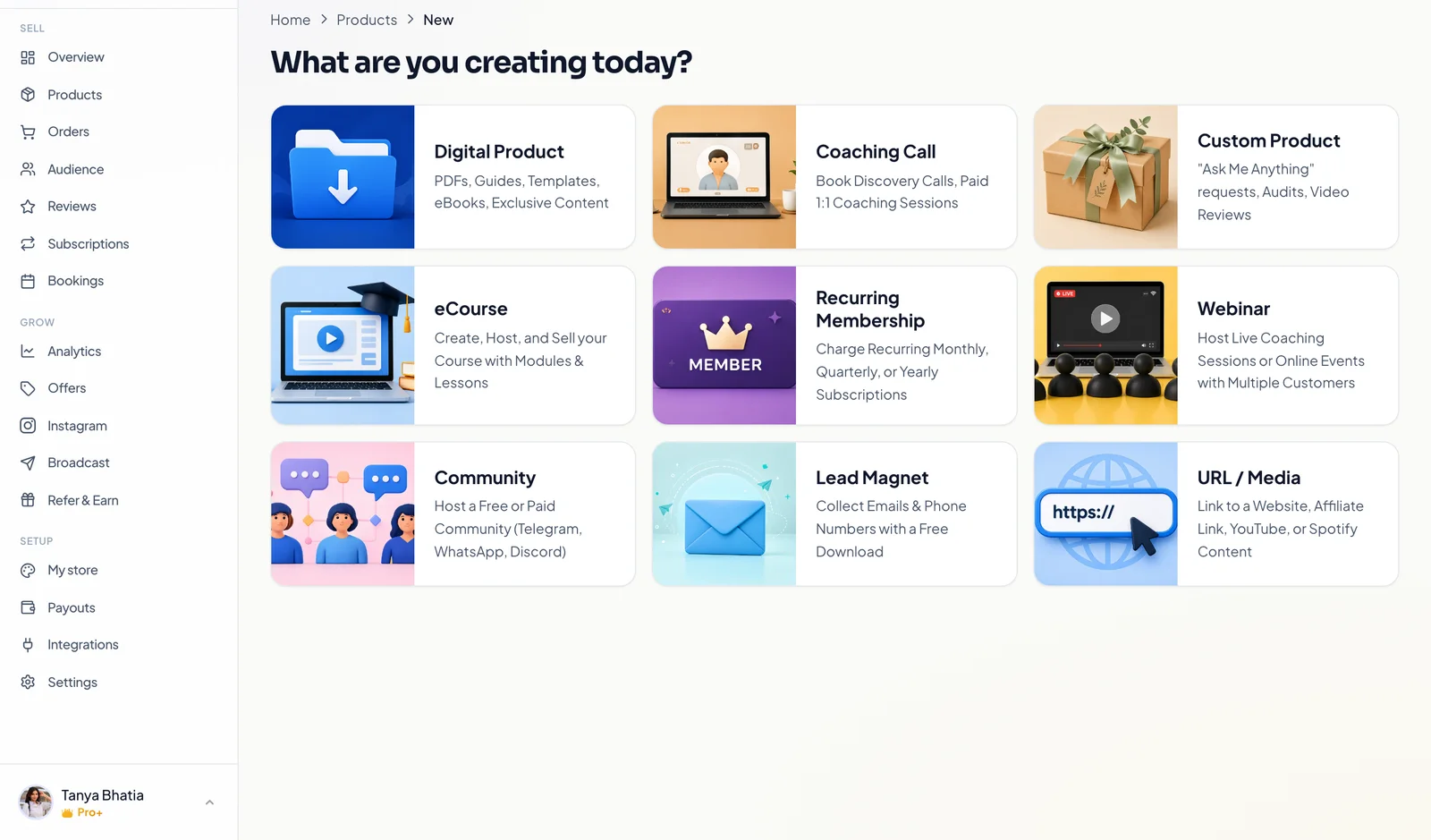 The Creatly product type picker showing digital product, course, coaching call and other options