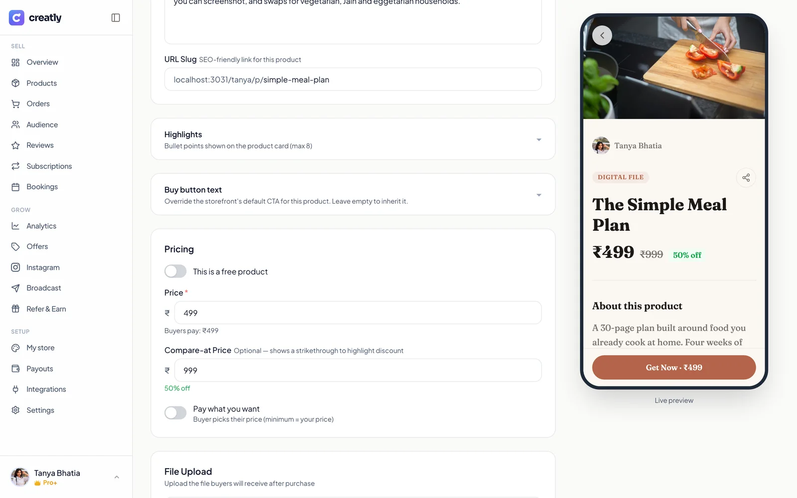 Pricing and file upload in the Creatly product editor with a live phone preview