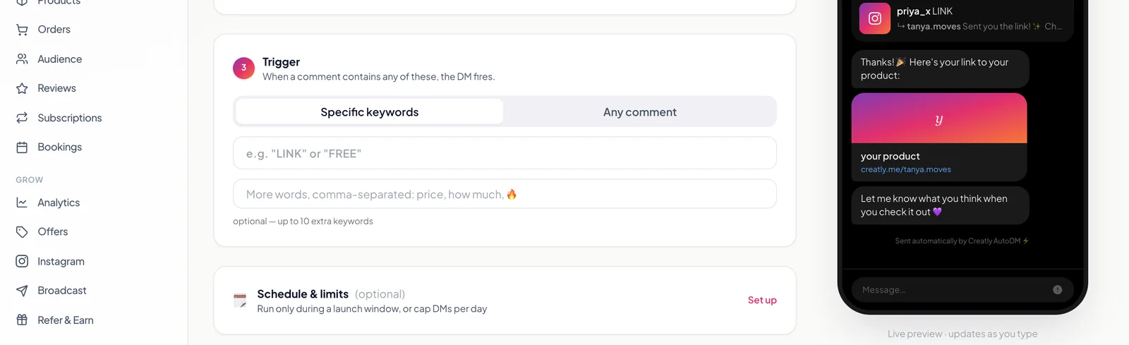 The trigger step in Creatly with specific keywords and any comment options and a keyword field