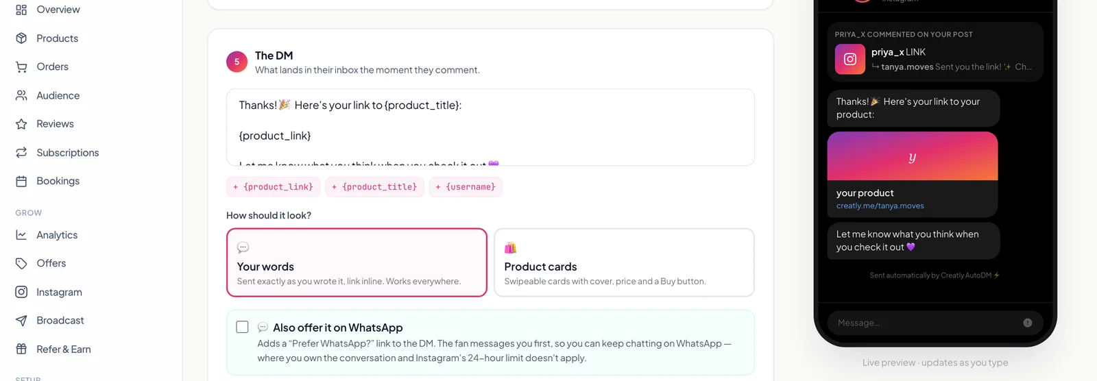 The DM composer in Creatly with message placeholders, product card option and public comment reply variants