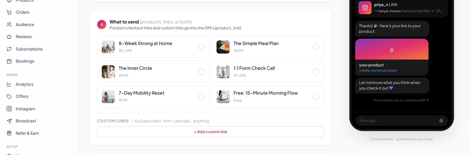 The what to send step in Creatly listing products with prices to attach to the DM