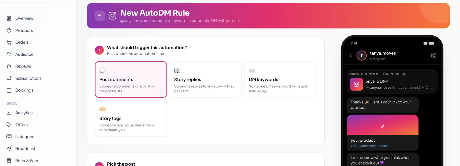 The AutoDM rule builder showing trigger options for post comments, story replies, DM keywords and story tags