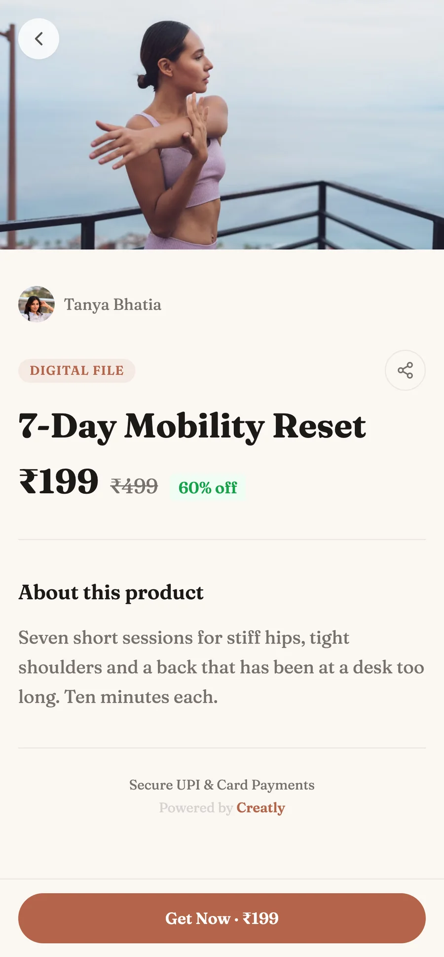 A Creatly product page on a phone showing price, description and a buy button