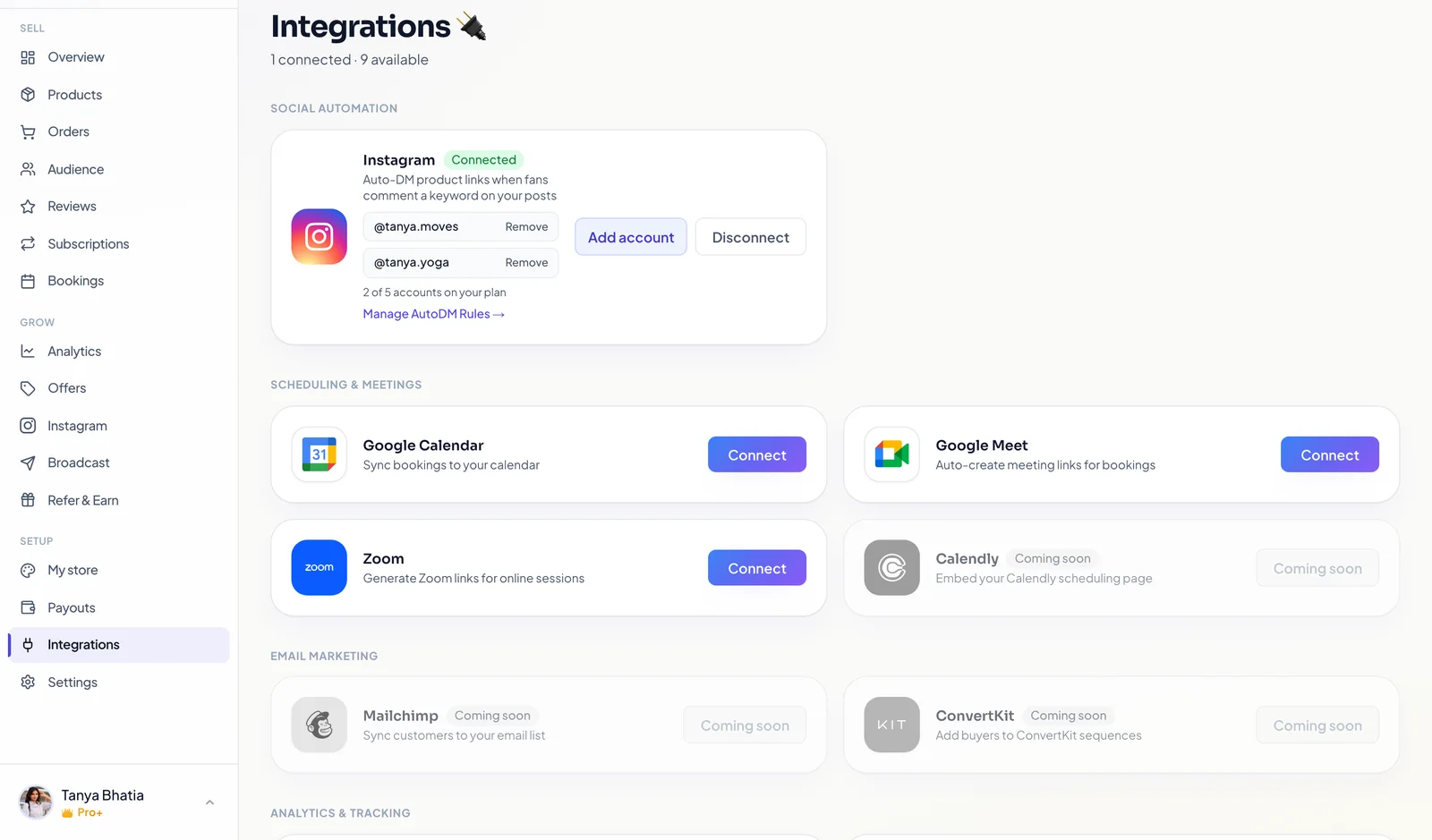 The Creatly integrations page showing Instagram connected with two accounts