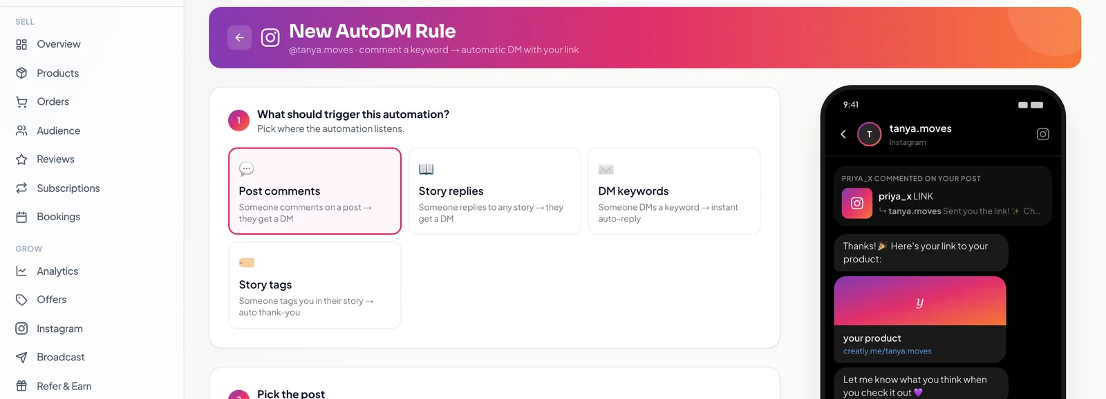 The Creatly AutoDM rule builder with trigger options and a live DM preview