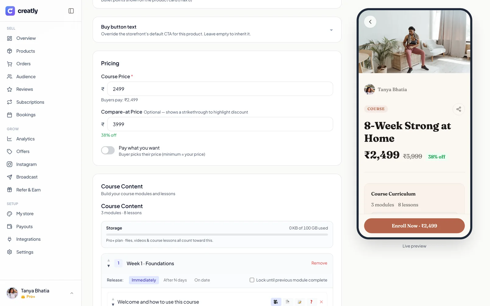 The Creatly course builder showing modules, lessons and release scheduling