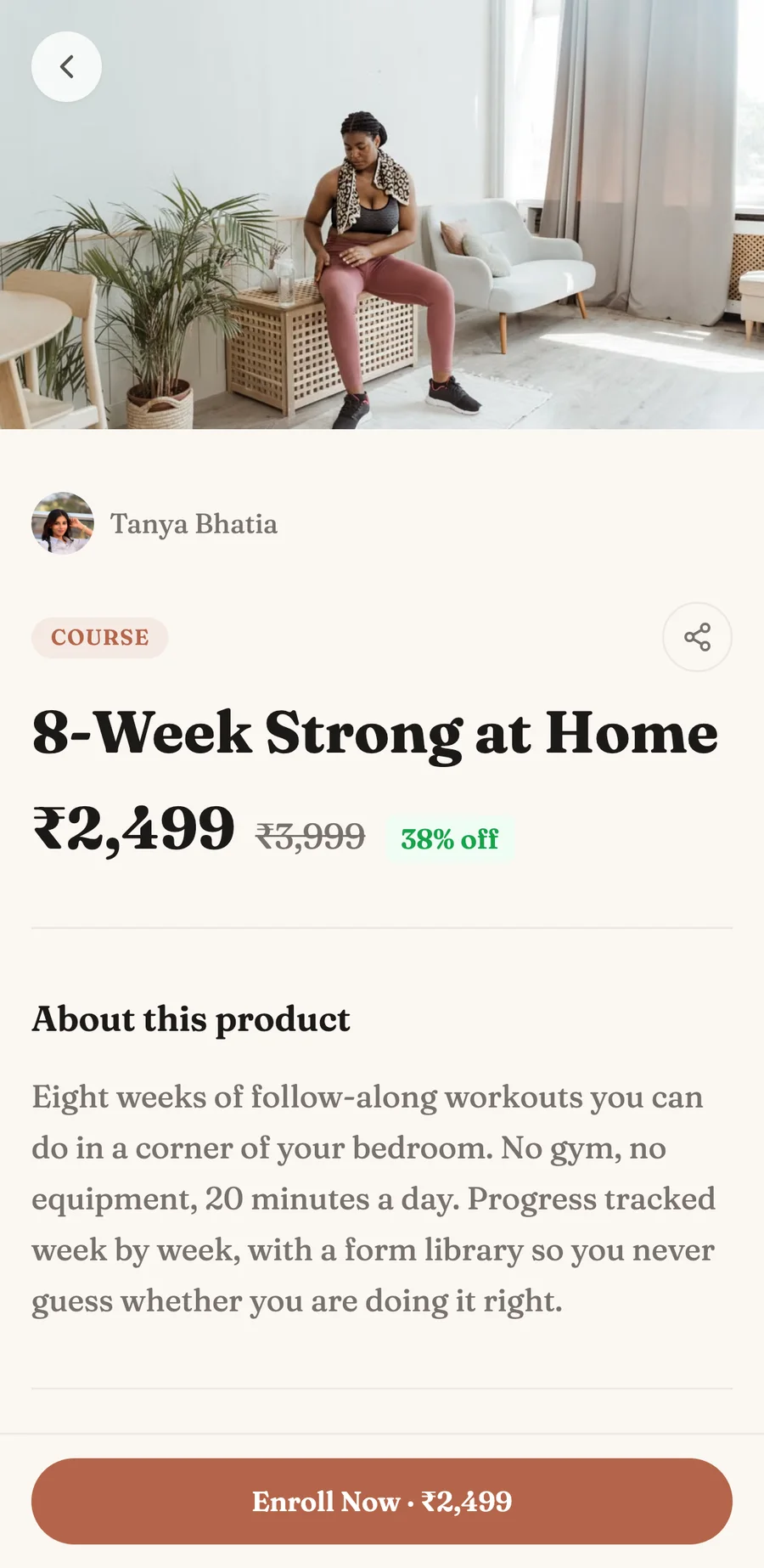 A published course page on a phone showing price and enrol button