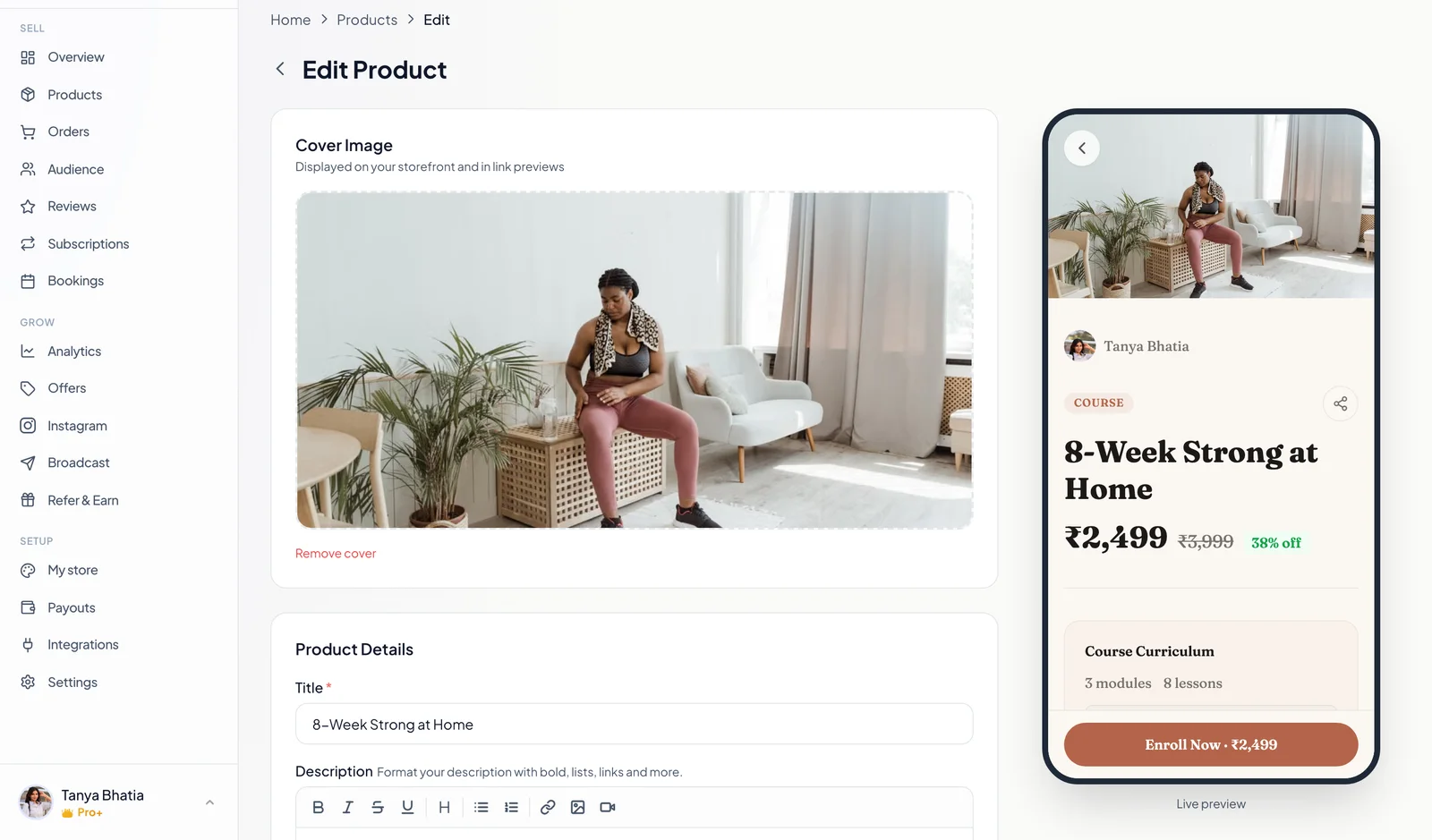 Creating a course in Creatly with a cover image, title and live preview of the student page