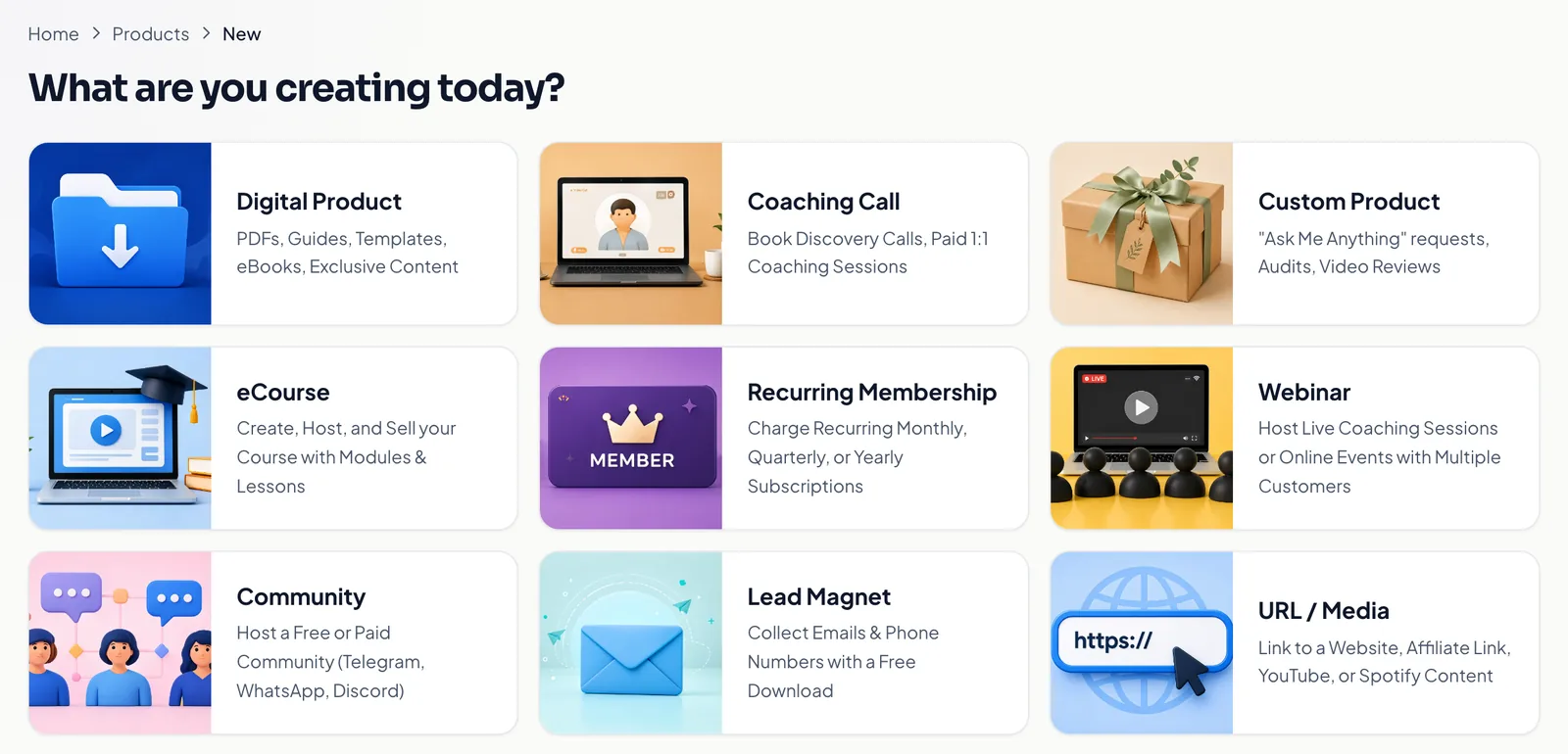 The Creatly product type picker showing digital file, course, community, coaching call, webinar and other options