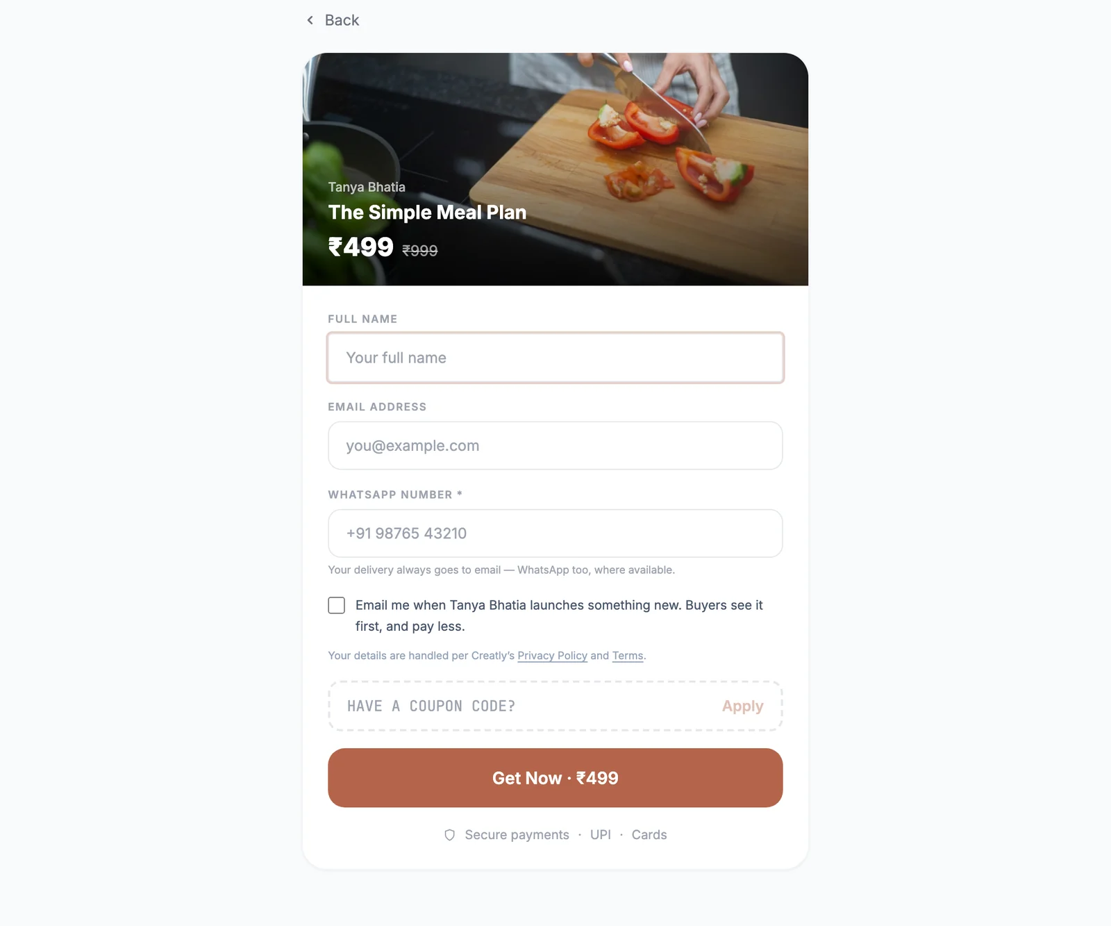 The Creatly checkout asking for full name, email and WhatsApp number, with a note that delivery goes to email and WhatsApp