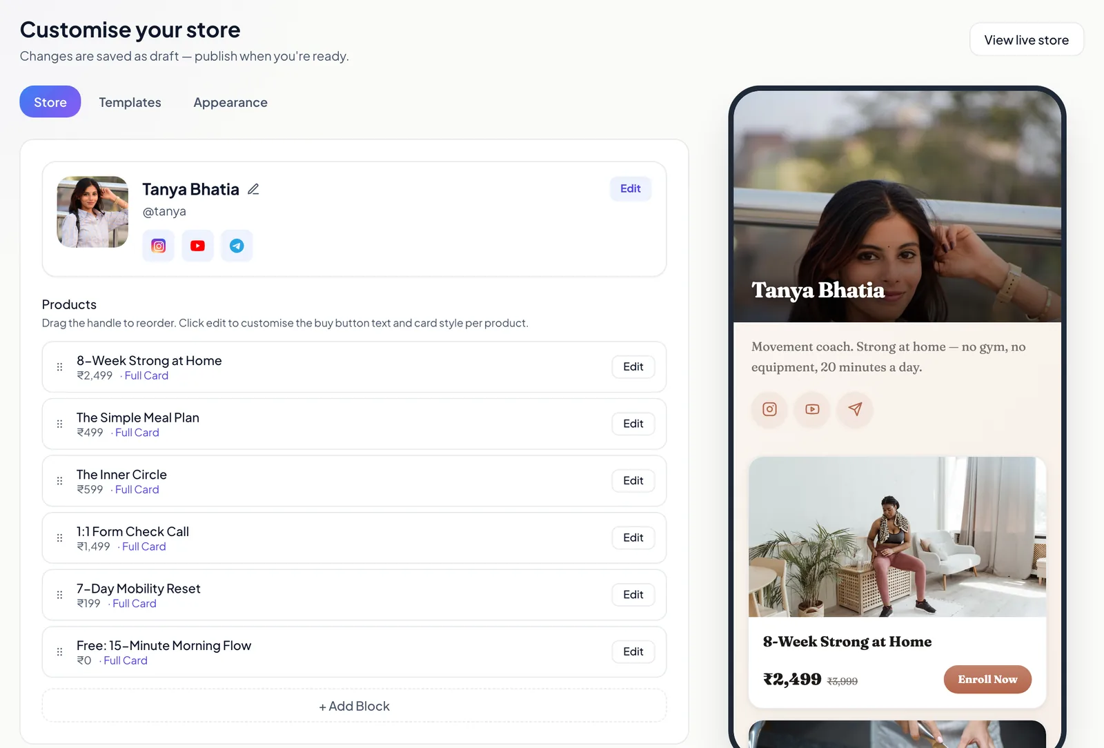The Creatly customise editor with layout templates, colour and font controls, and a live phone preview