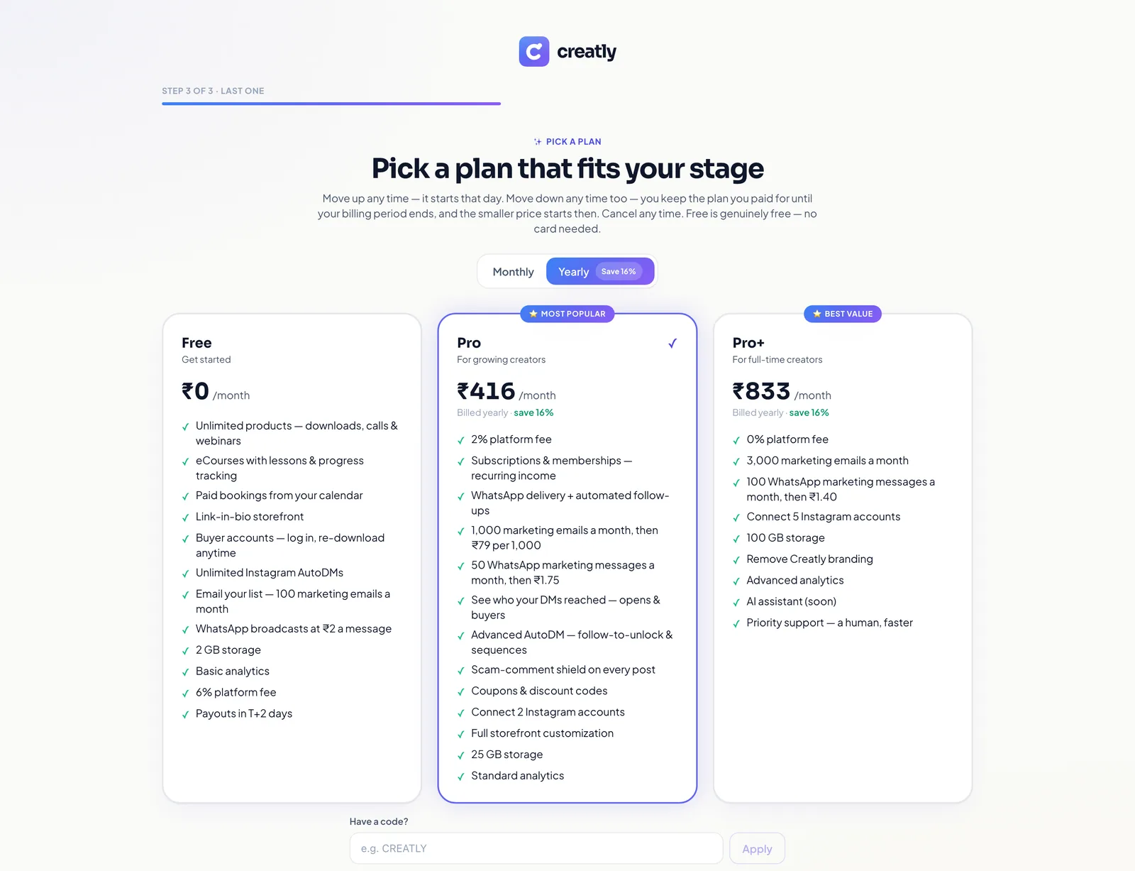 The Creatly plan selection screen showing Free, Pro and Pro+ with monthly and yearly options