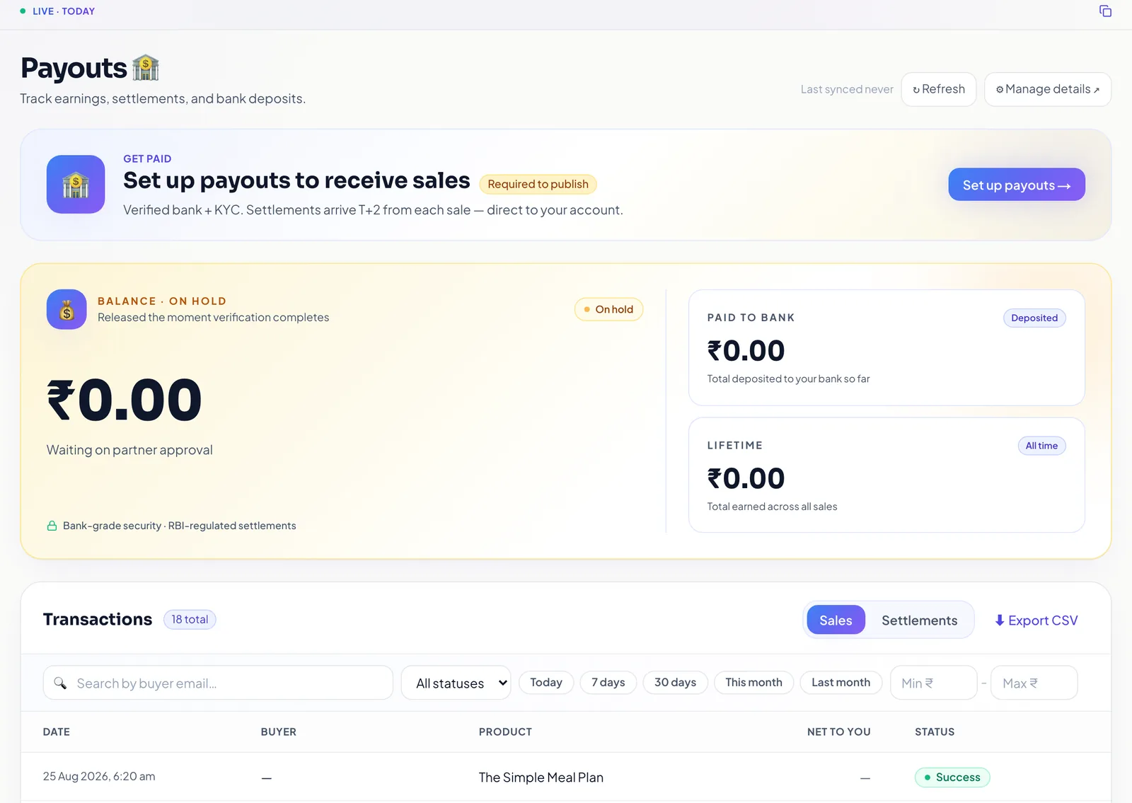 The Creatly payouts page showing a set up payouts prompt, a balance on hold, and paid to bank and lifetime totals
