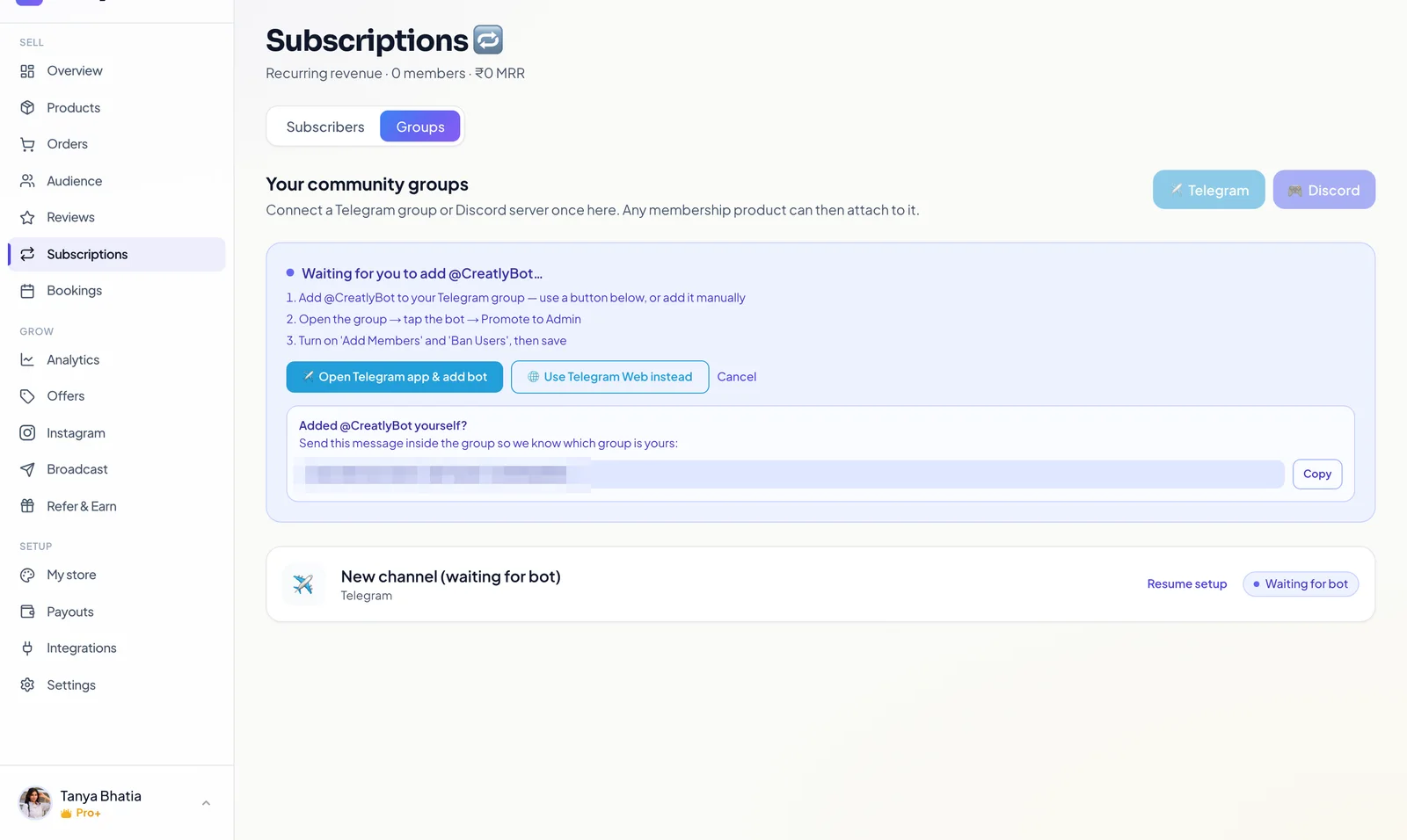 Subscriptions Groups screen in Creatly showing the three step Telegram bot connection instructions