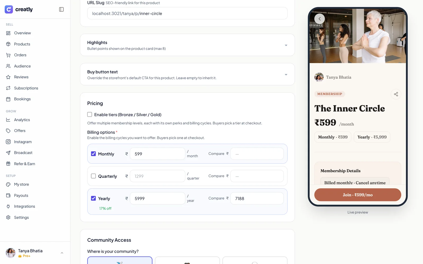 Billing options in the Creatly membership editor with monthly and yearly cycles enabled and a live phone preview