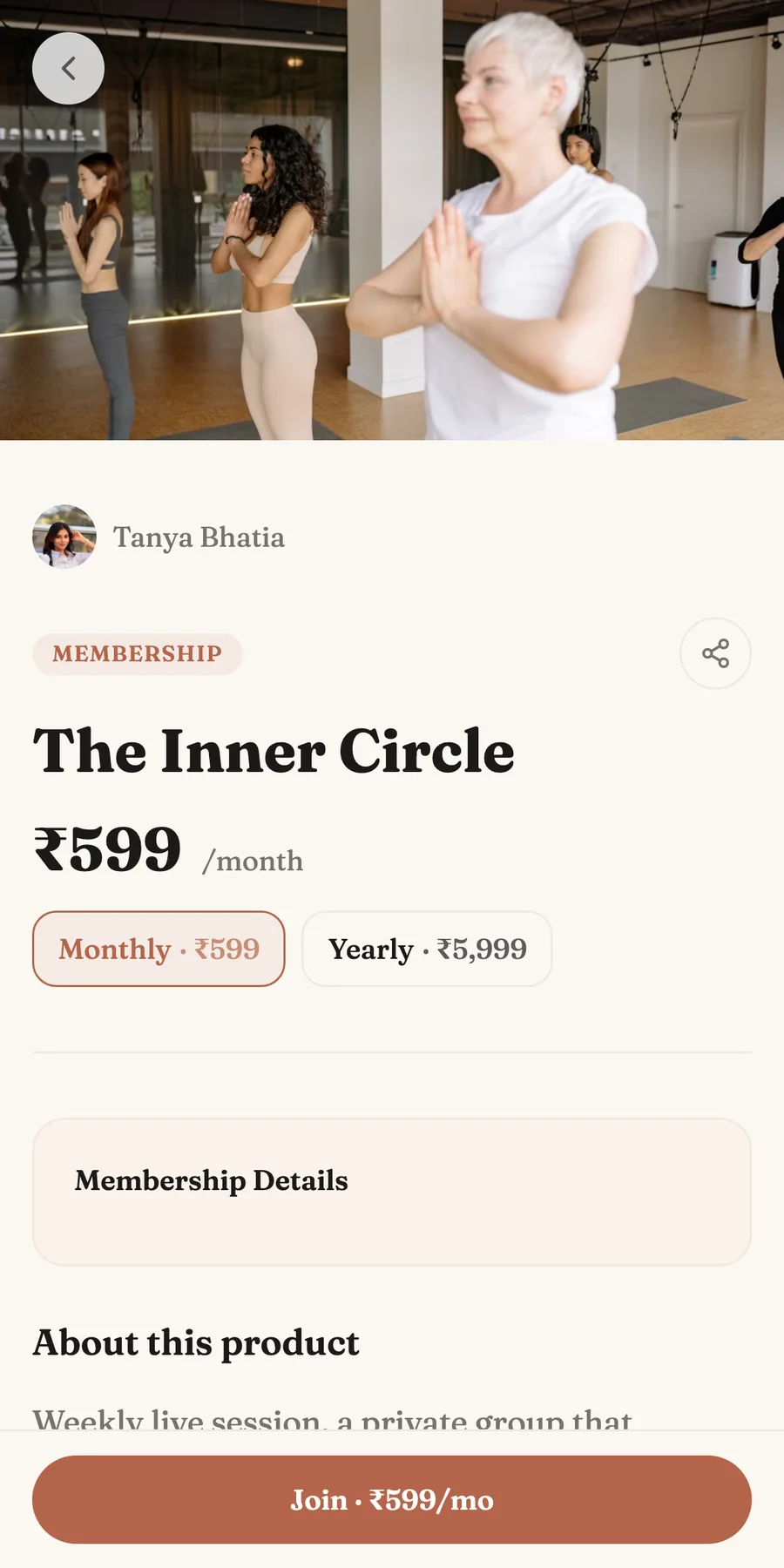 Creatly membership product page on mobile with monthly and yearly price options and a join button