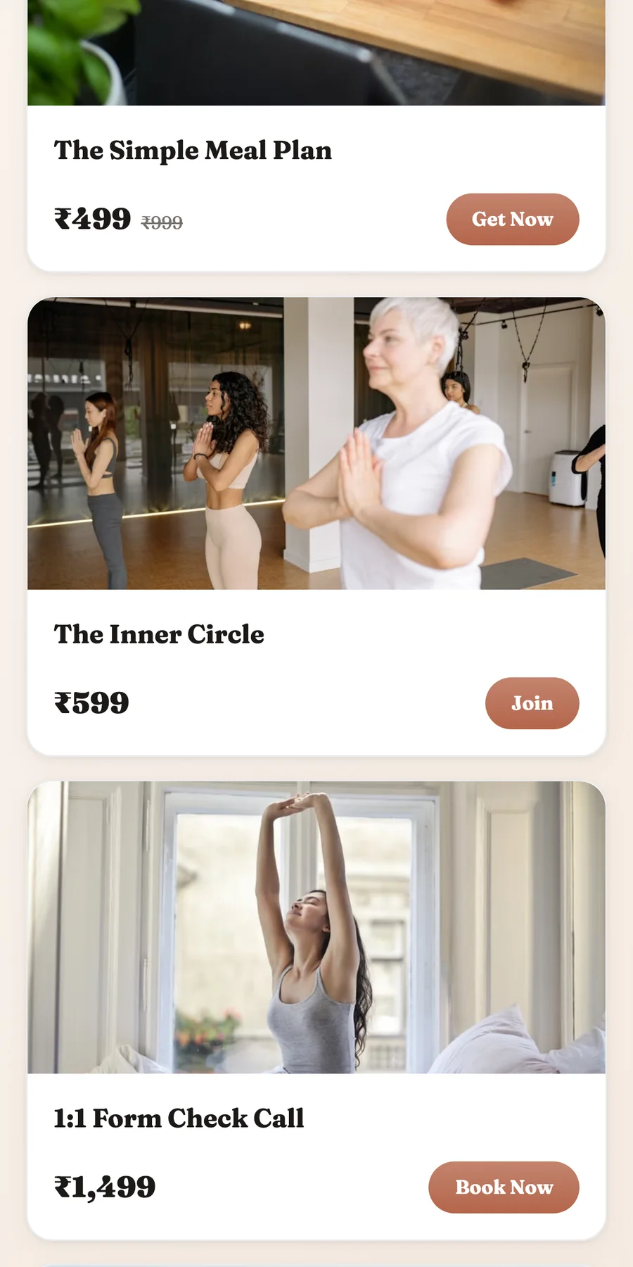 A Creatly storefront on mobile showing a membership card with a Join button between other products