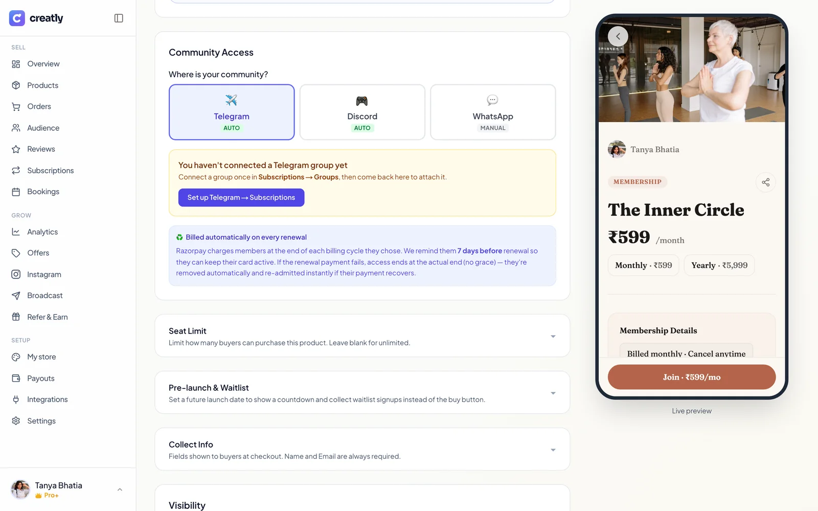 Community Access section in Creatly with Telegram and Discord marked auto and WhatsApp marked manual