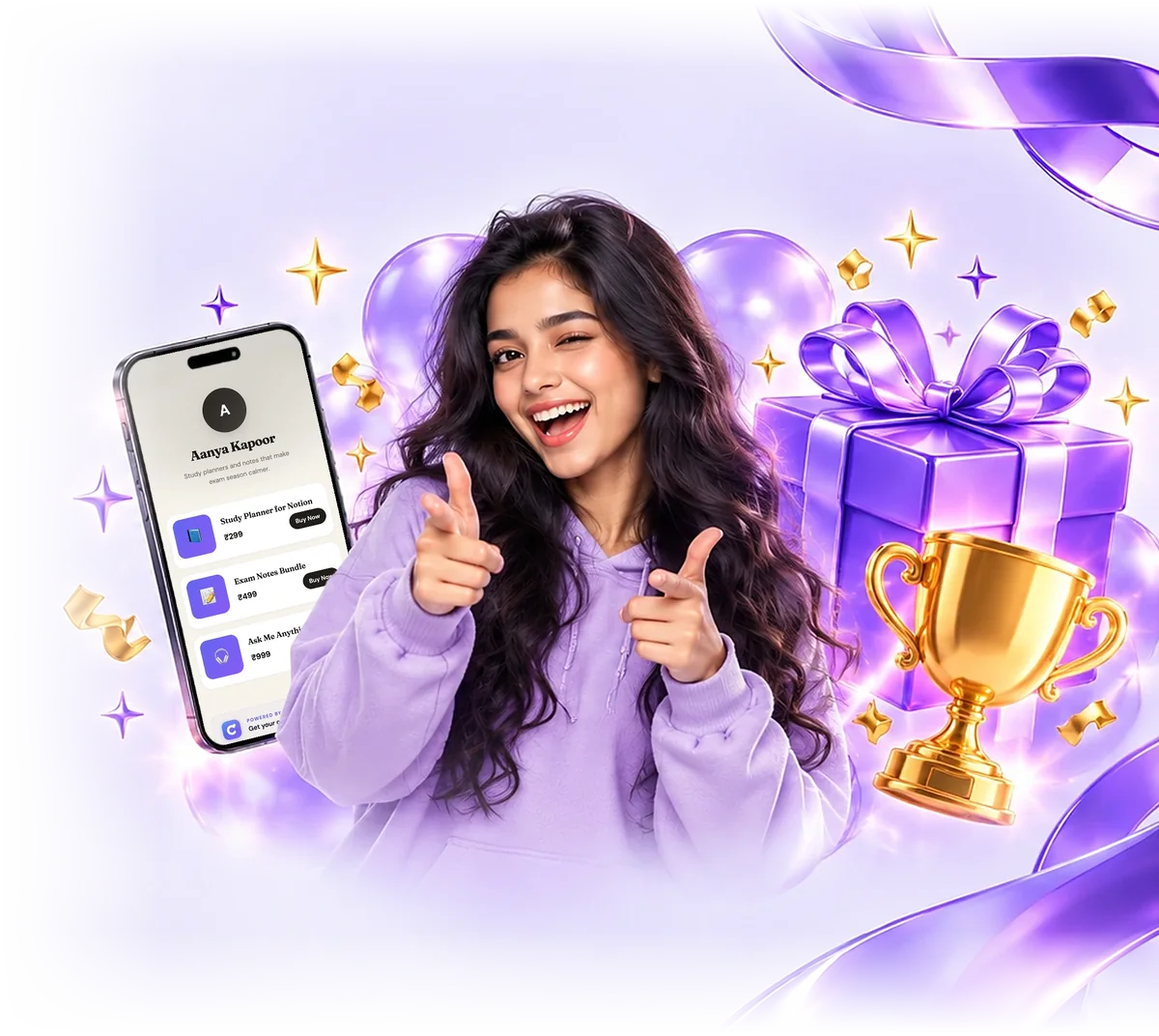 A creator pointing at you, beside a phone showing a Creatly store, a gift box and a gold trophy.