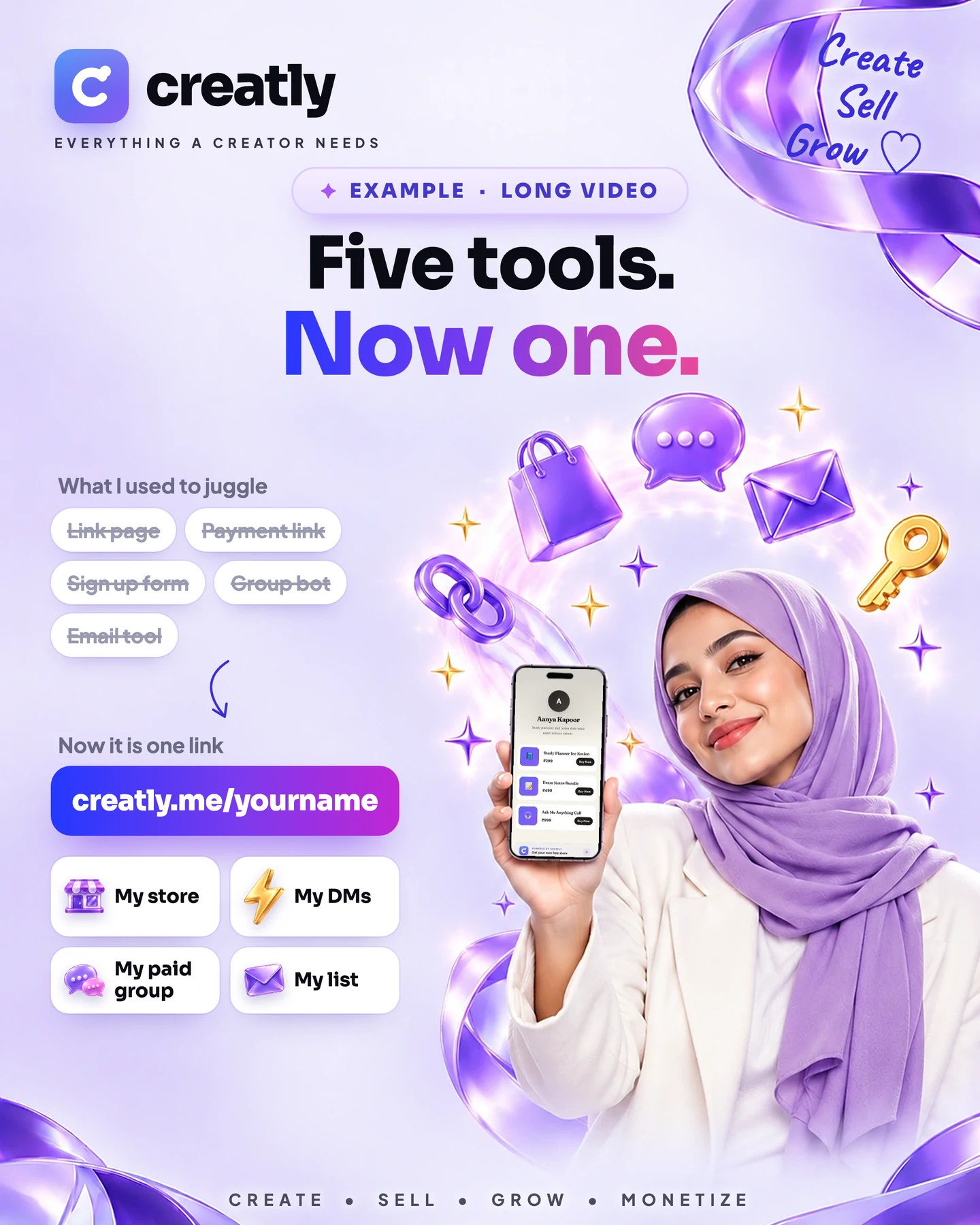 Five separate tools crossed out and one Creatly link in their place that runs the store, the DMs, the paid group and the list, beside a creator holding up her store on a phone.