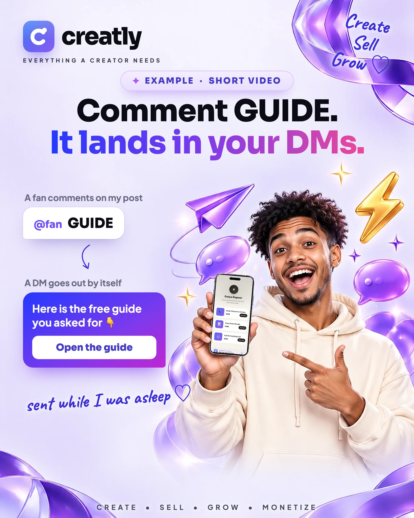 A fan comments GUIDE and a DM with a button goes out by itself, beside a creator holding up his store on a phone.