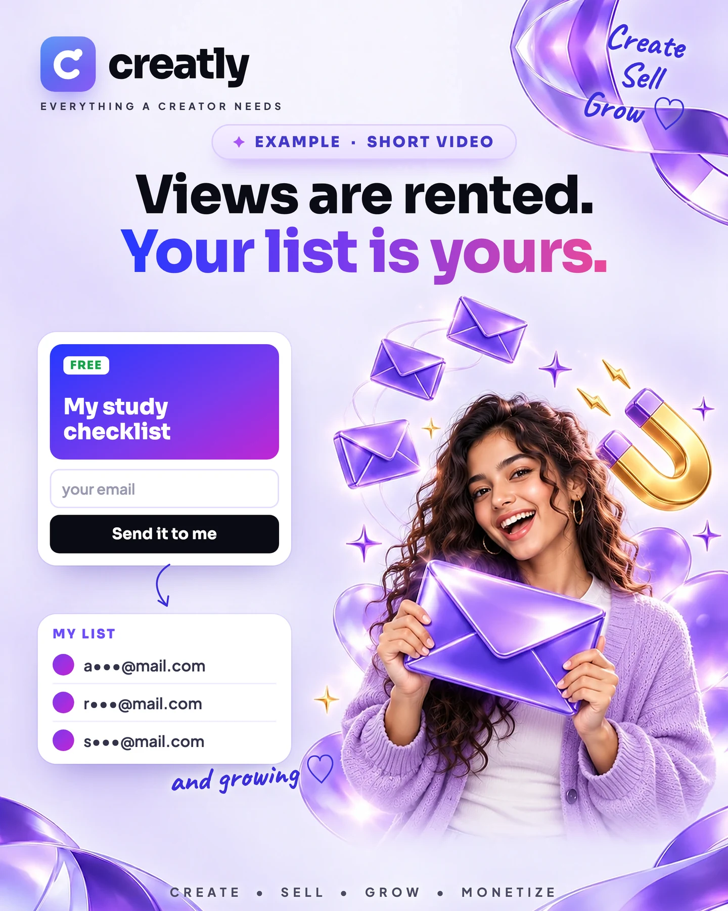 A free checklist with a box for your email and a list of signups that keeps growing, beside a creator holding a big envelope.