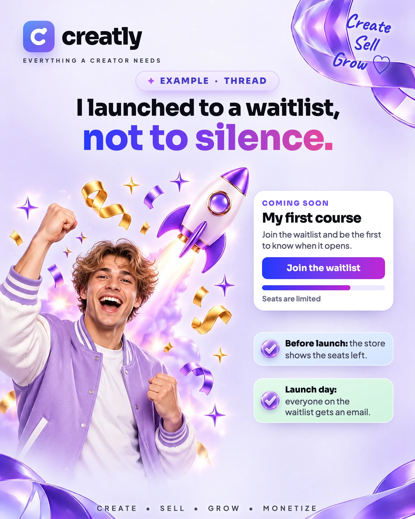 A creator cheers beside a rocket, next to a course marked coming soon with a button to join the waitlist, and what happens before and on launch day.
