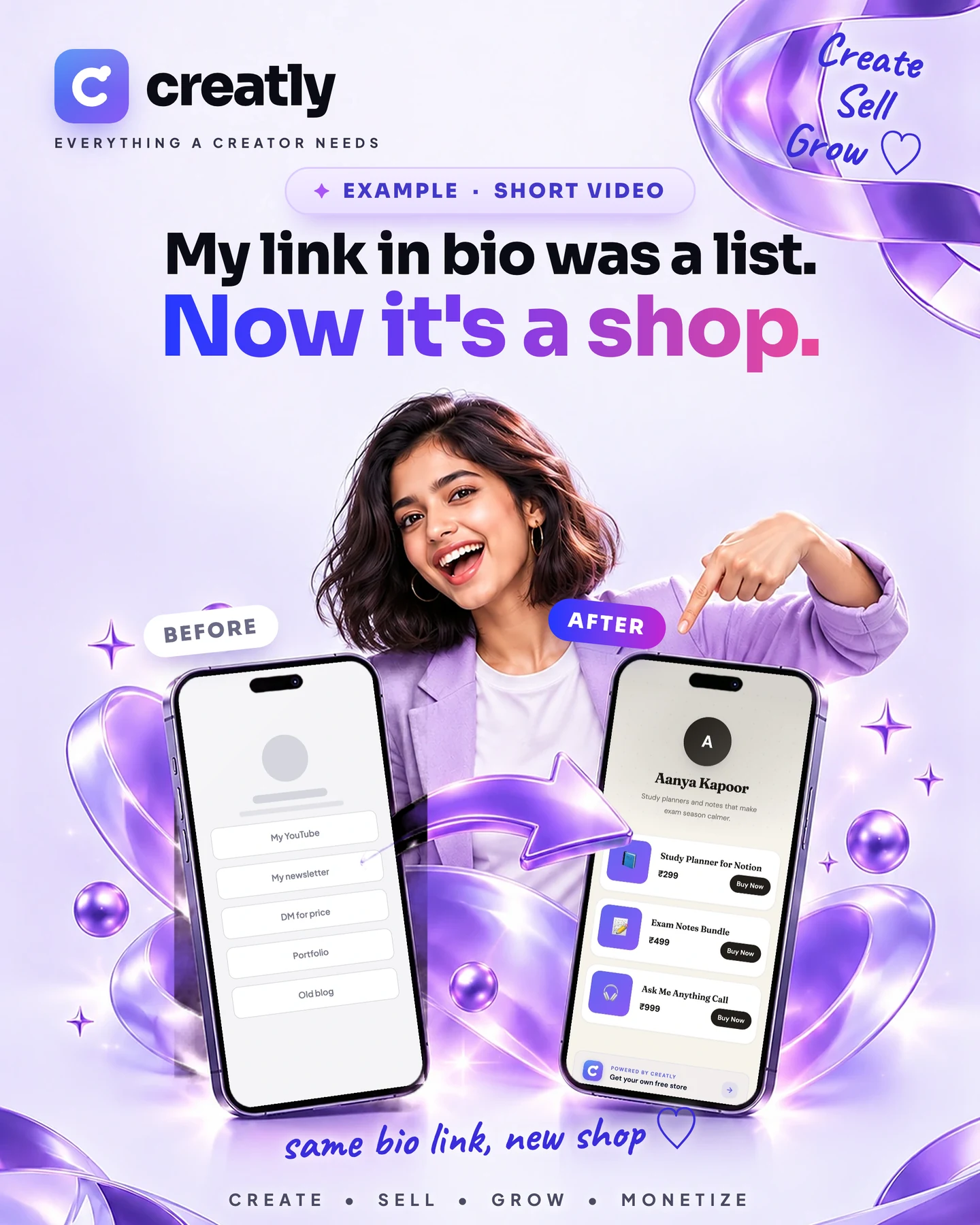A creator points at two phones. Before: a plain list of links. After: a Creatly store with products and their prices.