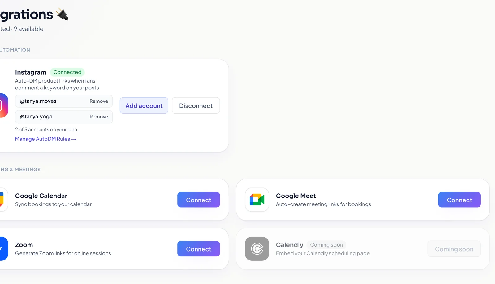 Connecting an Instagram account to Creatly from the integrations page