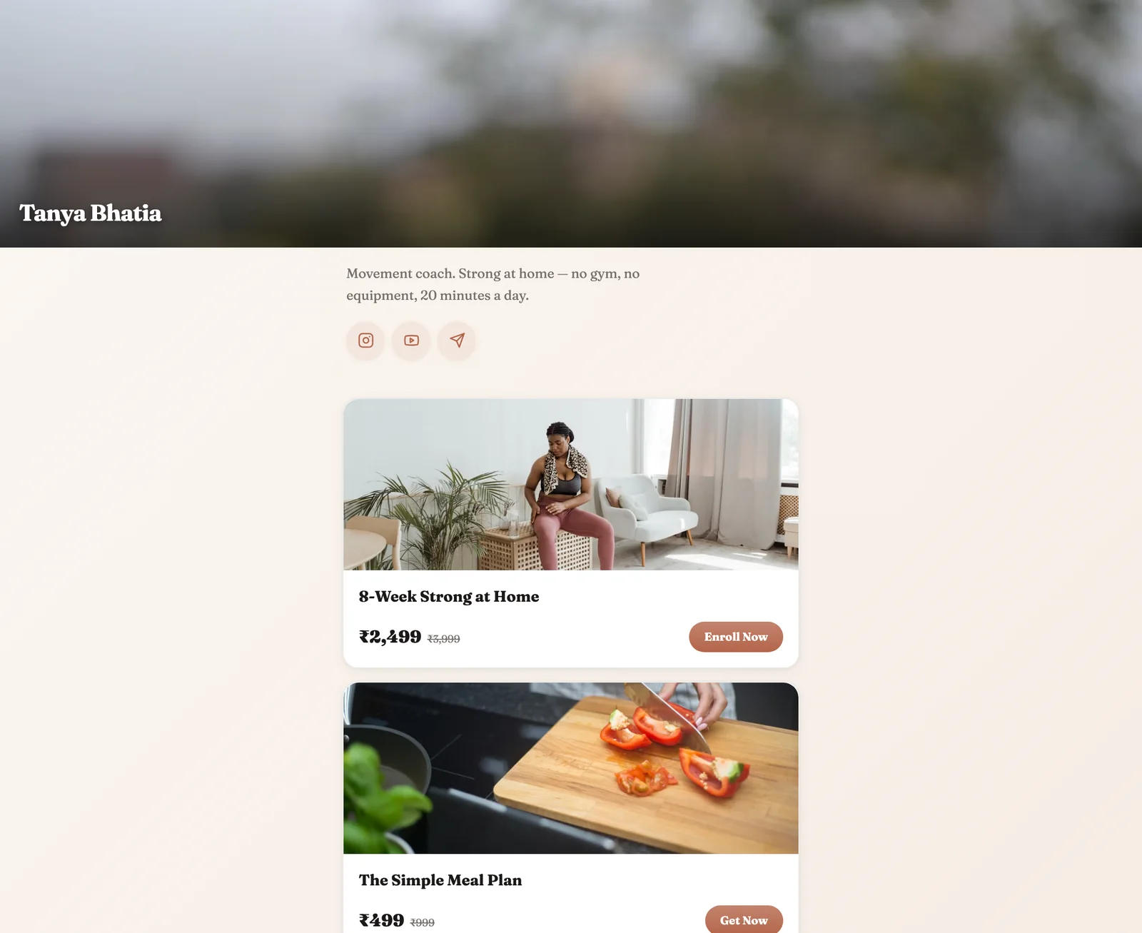 A Creatly storefront showing products with prices and buy buttons, the page an AutoDM link opens