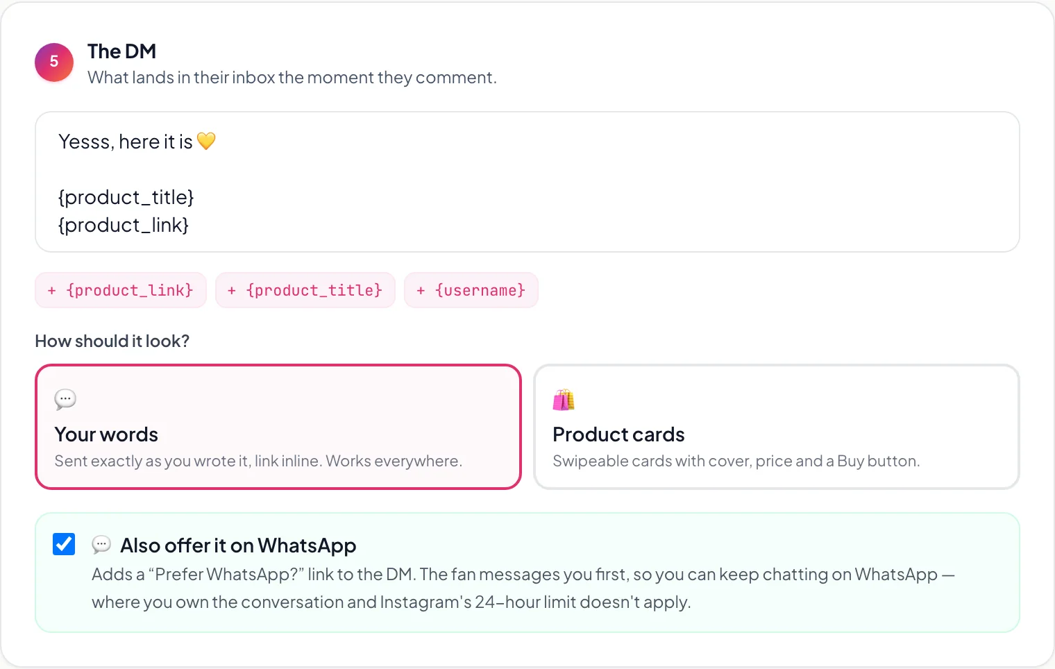 Creatly DM editor with merge tags and a choice between plain text and swipeable product cards