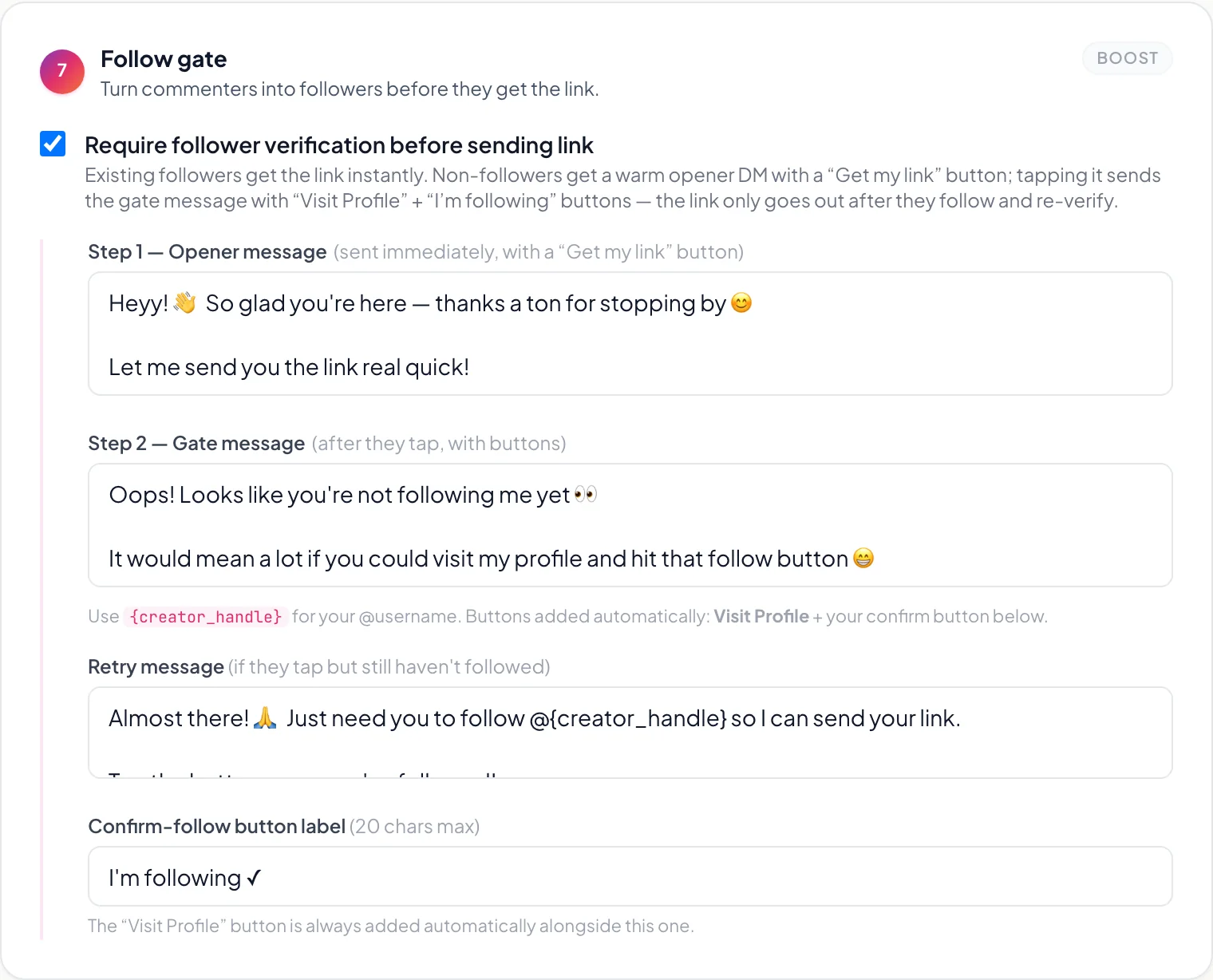 The Creatly follow gate builder showing the opener message, gate message and retry message, all editable