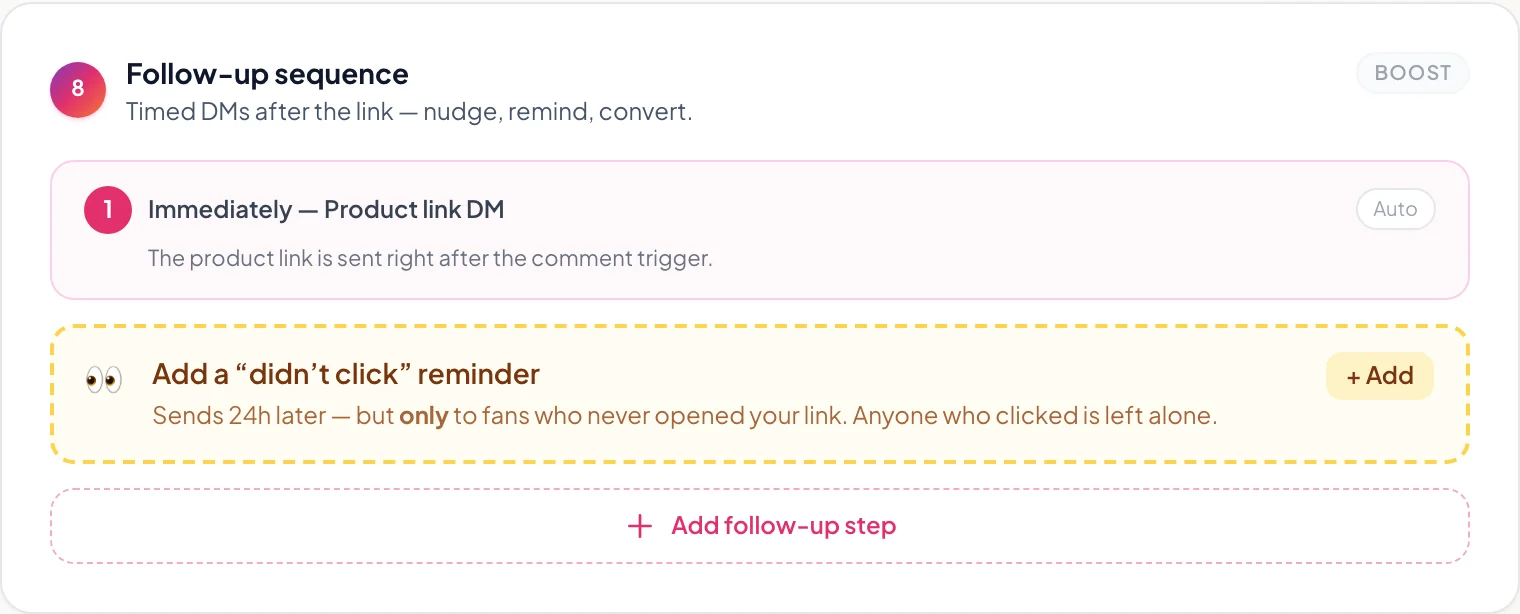 Adding a timed DM follow-up step to an Instagram automation in Creatly