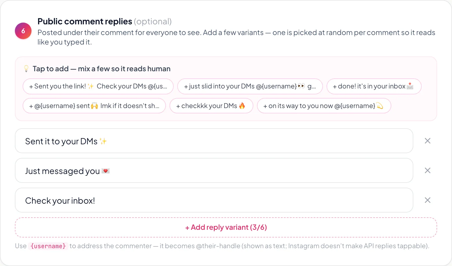 Creatly public comment reply variants that rotate at random per comment