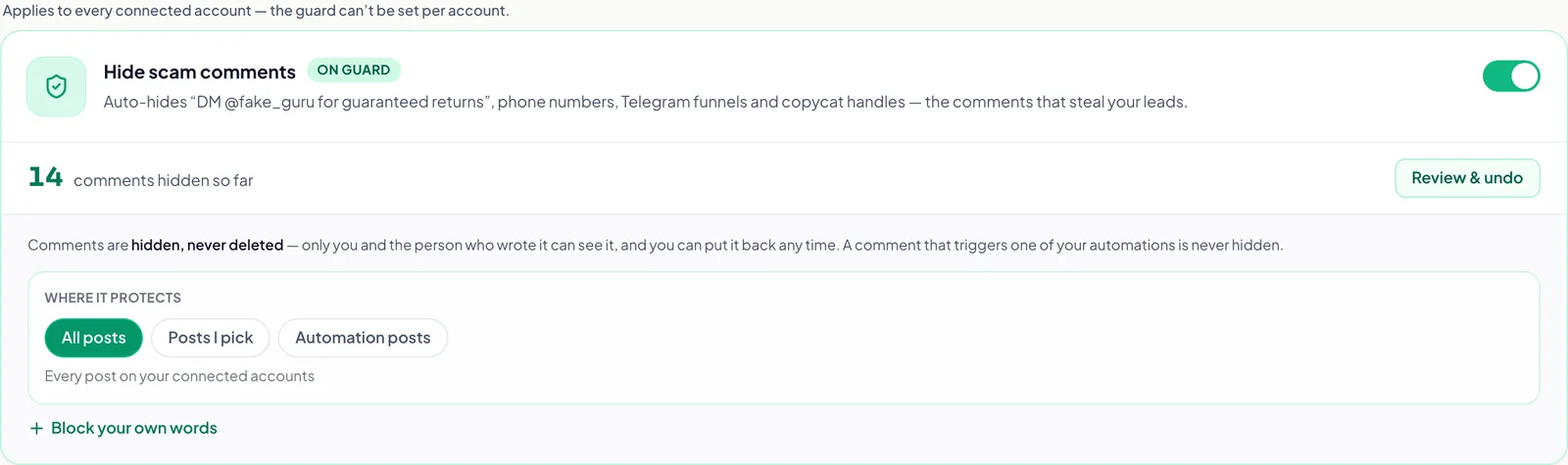 Creatly scam comment shield turned on, showing comments hidden so far and the choice of which posts it protects