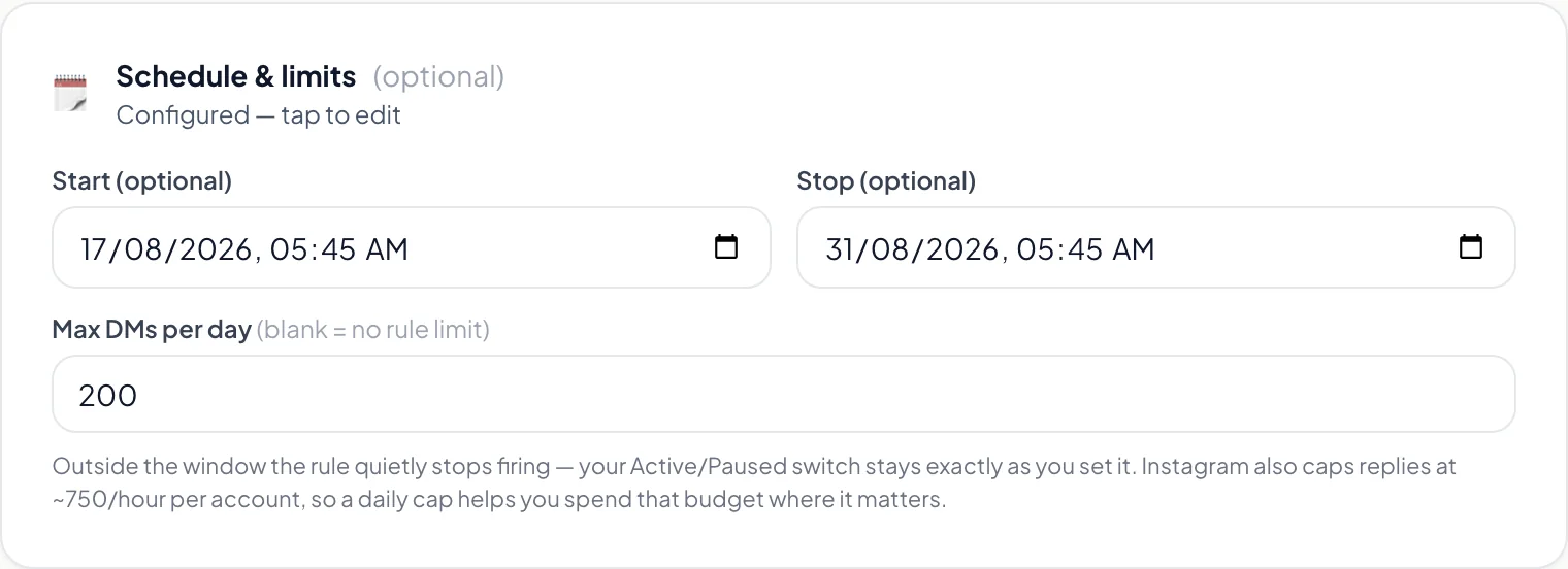 Schedule and limits panel in Creatly with start time, stop time and daily send cap